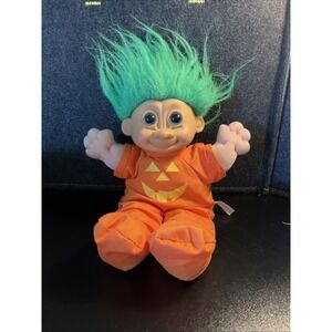 Vintage Green Hair Troll Doll Halloween Pumpkin Outfit Rubber Face Soft Body 15"